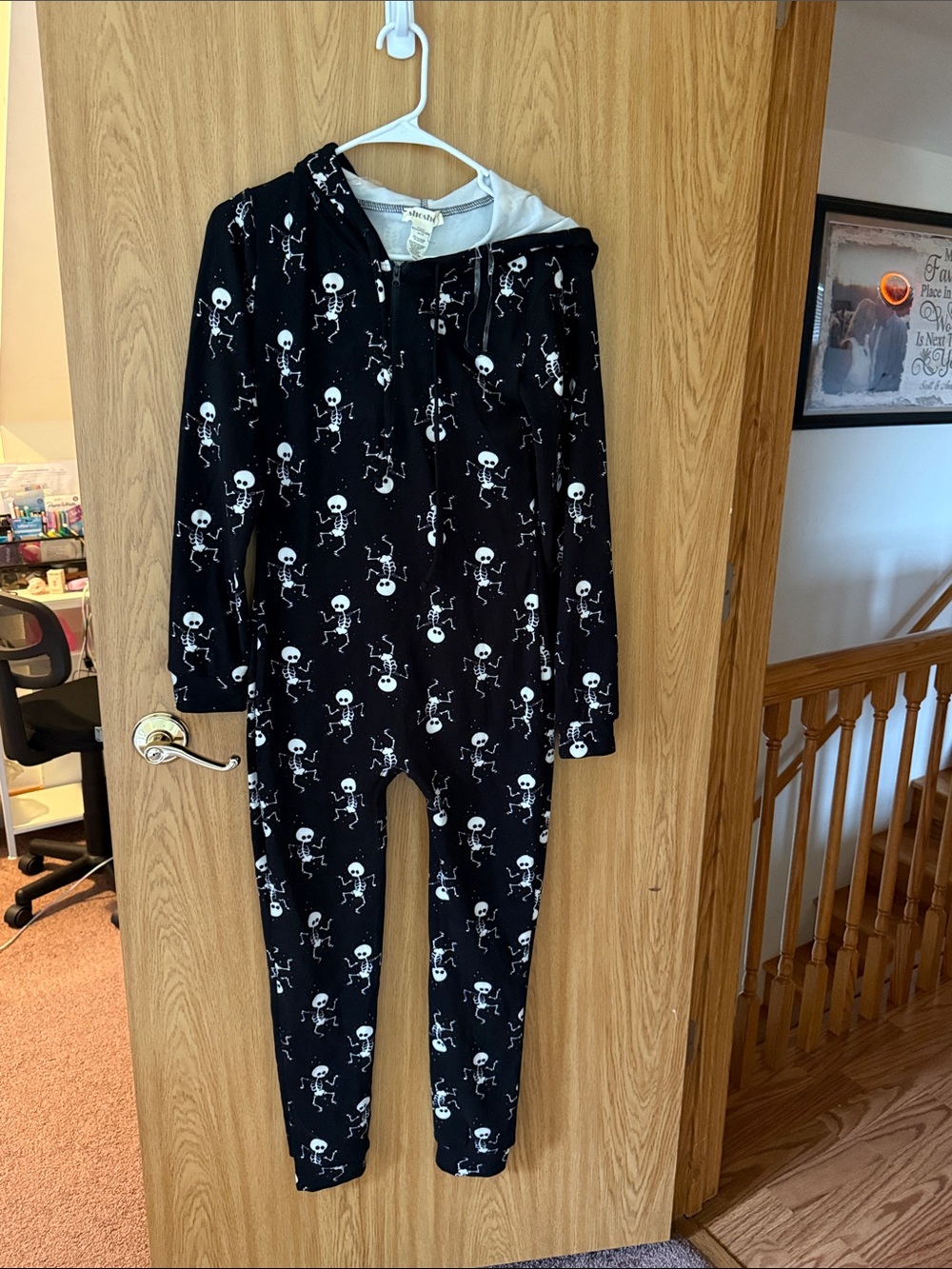 shosho Black Skeleton Print Hooded Kids Pajama Onesie